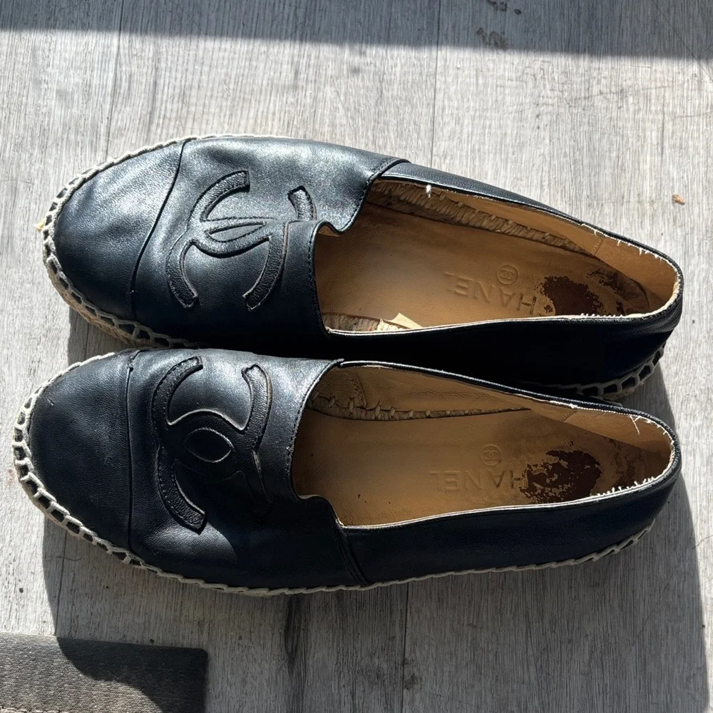 CHANEL Black Leather CC Espadrille Flats